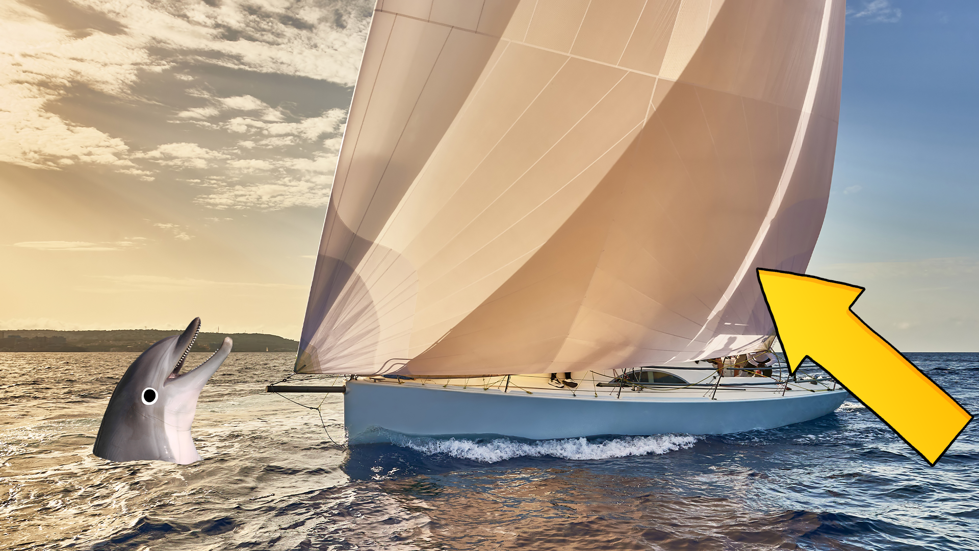 A sailboat with an arrow and a derpy dolphin popping out of the waves