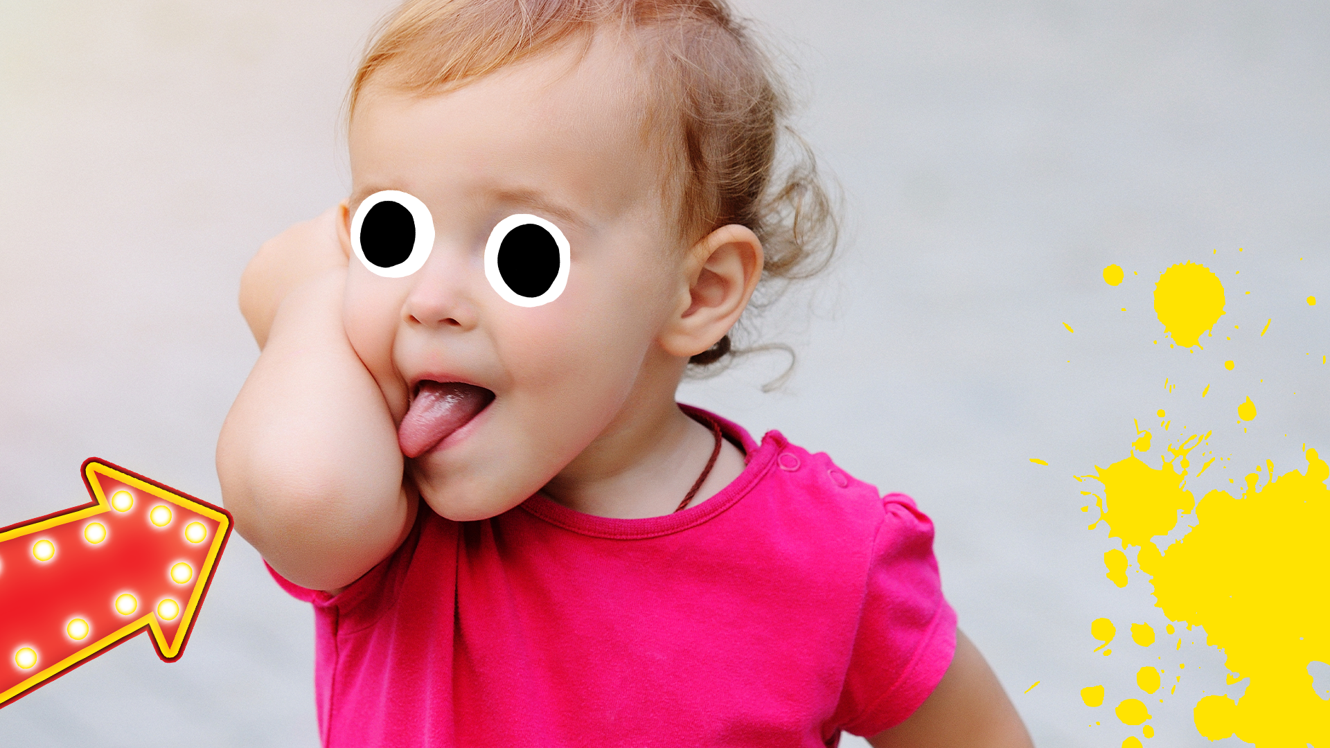 Girl licking her elbow with arrow and splat