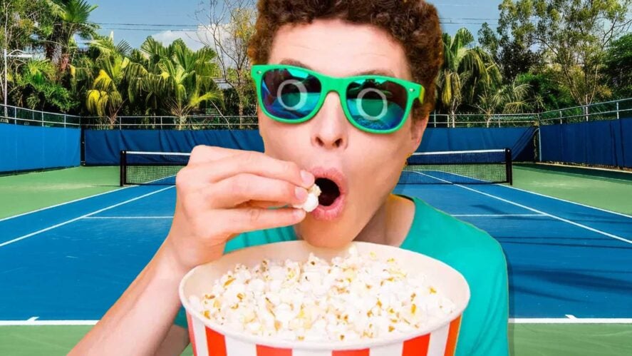 A person eating popcorn on a tennis court
