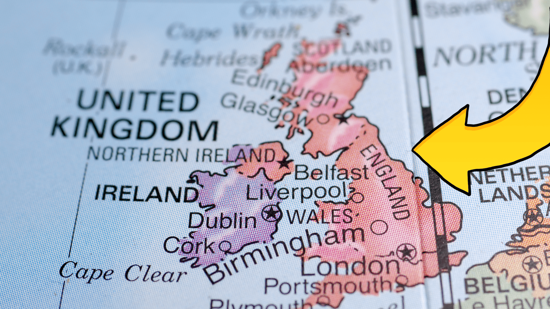 Map of the UK and Ireland with a yellow arrow pointing at it
